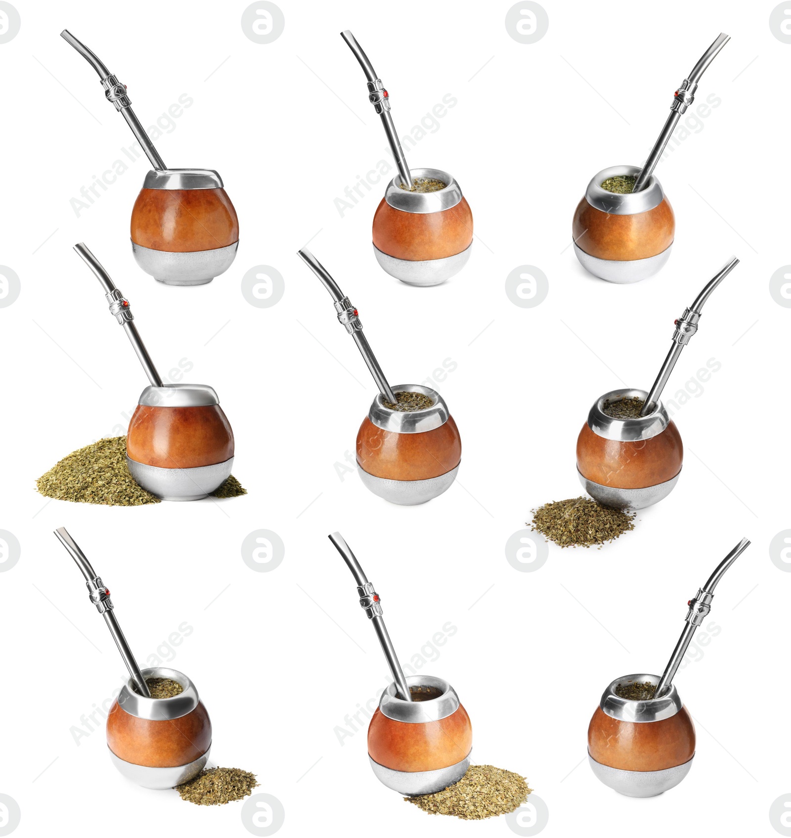 Image of Set with calabashes with mate tea and bombillas on white background