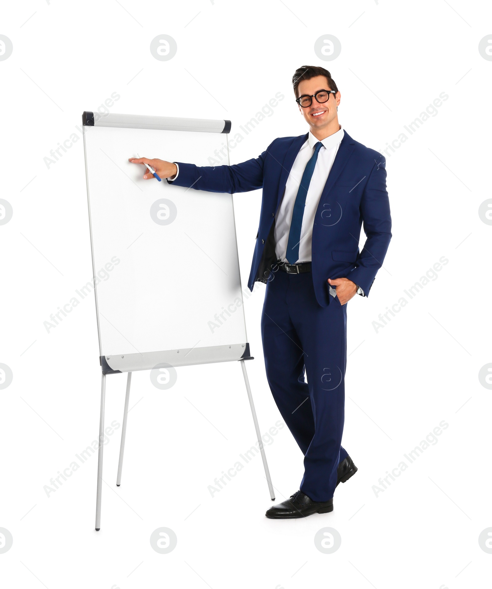 Photo of Professional business trainer near flip chart on white background