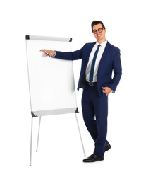 Professional business trainer near flip chart on white background