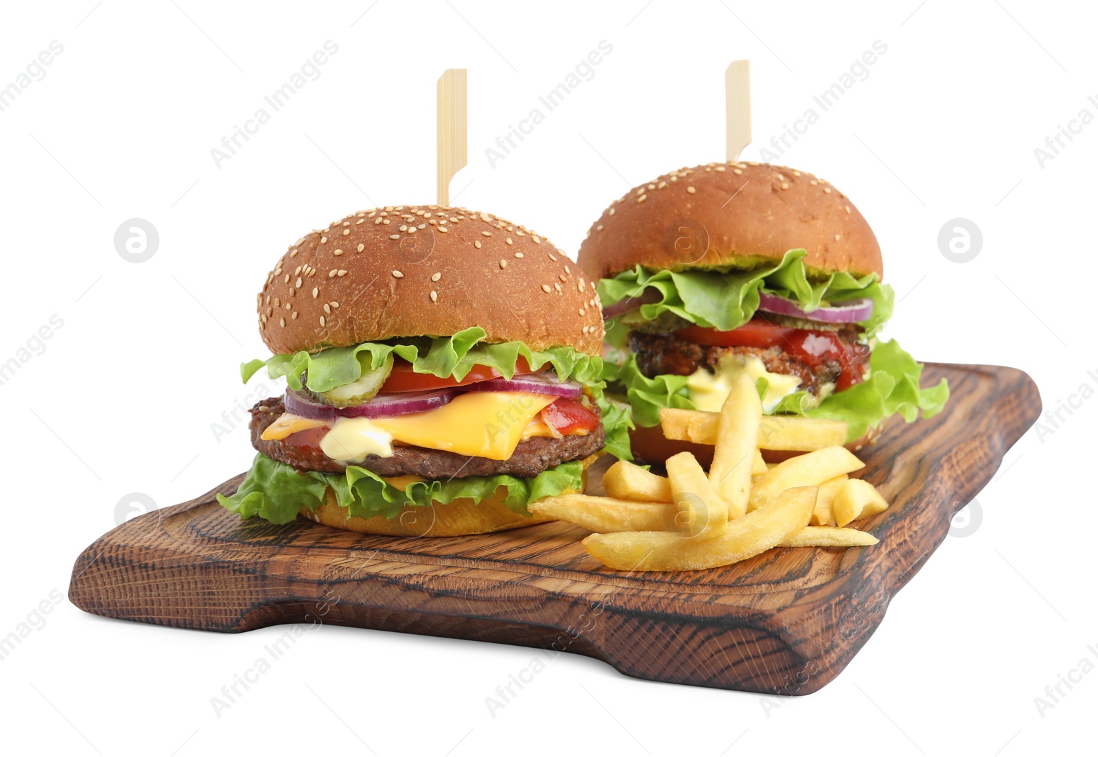 Photo of Delicious burgers with beef patty and french fries isolated on white