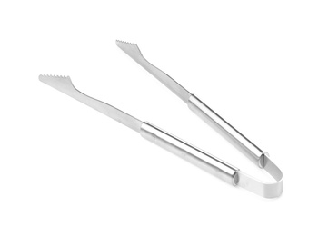 Photo of New metal barbecue tongs on white background