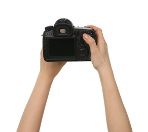 Photo of Photographer with camera on white background, closeup