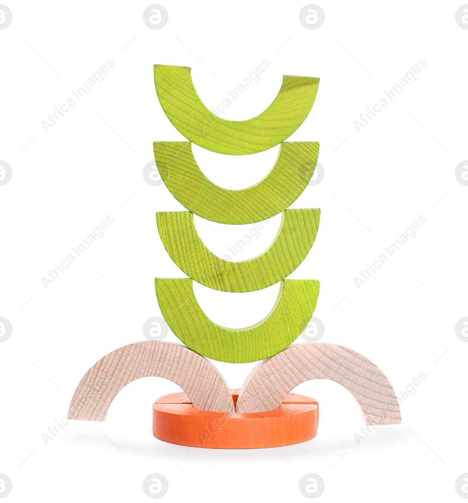 Photo of Colorful wooden pieces of play set isolated on white. Educational toy for motor skills development