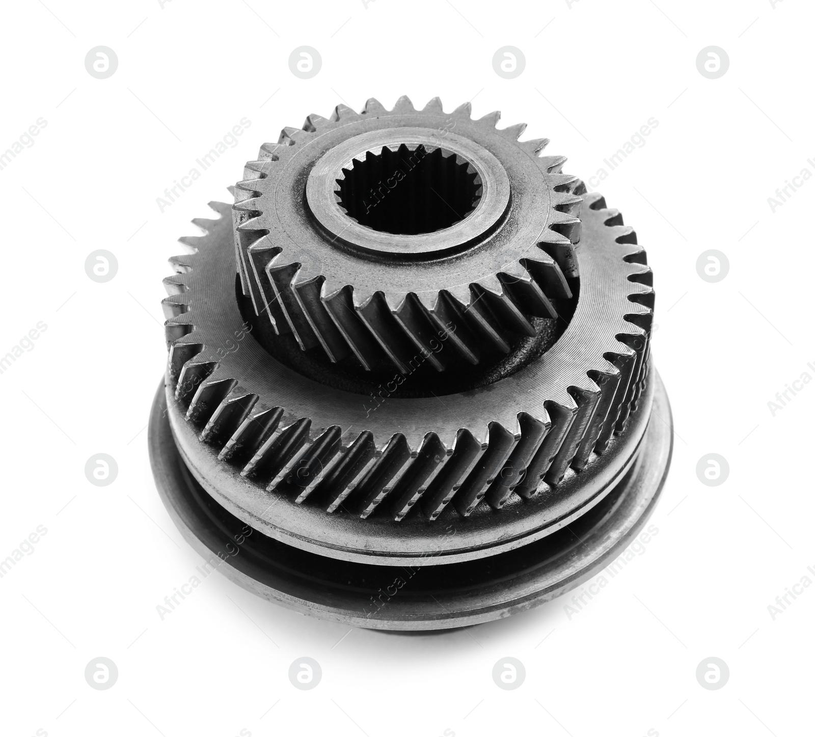 Photo of Different stainless steel gears on white background