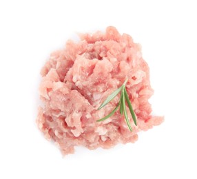 Photo of Pile of raw chicken minced meat with rosemary on white background, top view