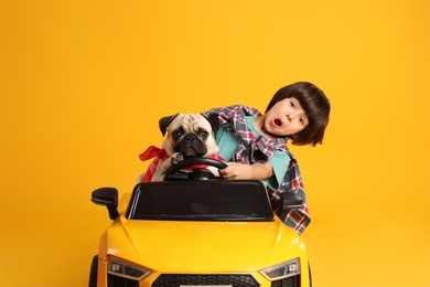 Little boy with his dog in toy car on yellow background