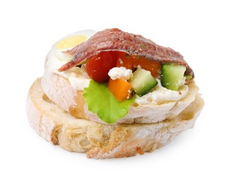 Photo of Delicious bruschettas with anchovies, cream cheese, tomatoes, bell peppers and cucumbers isolated on white