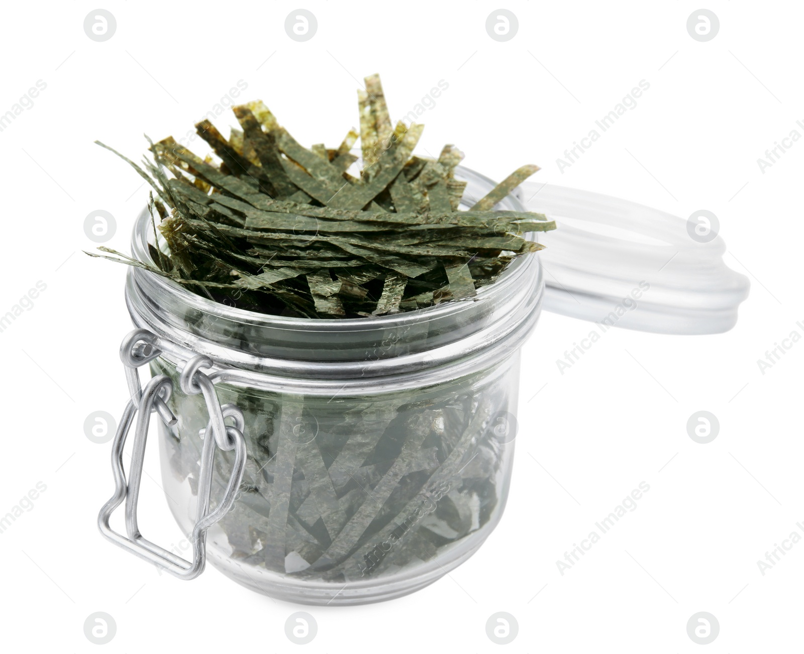 Photo of Jar with chopped crispy nori sheets isolated on white