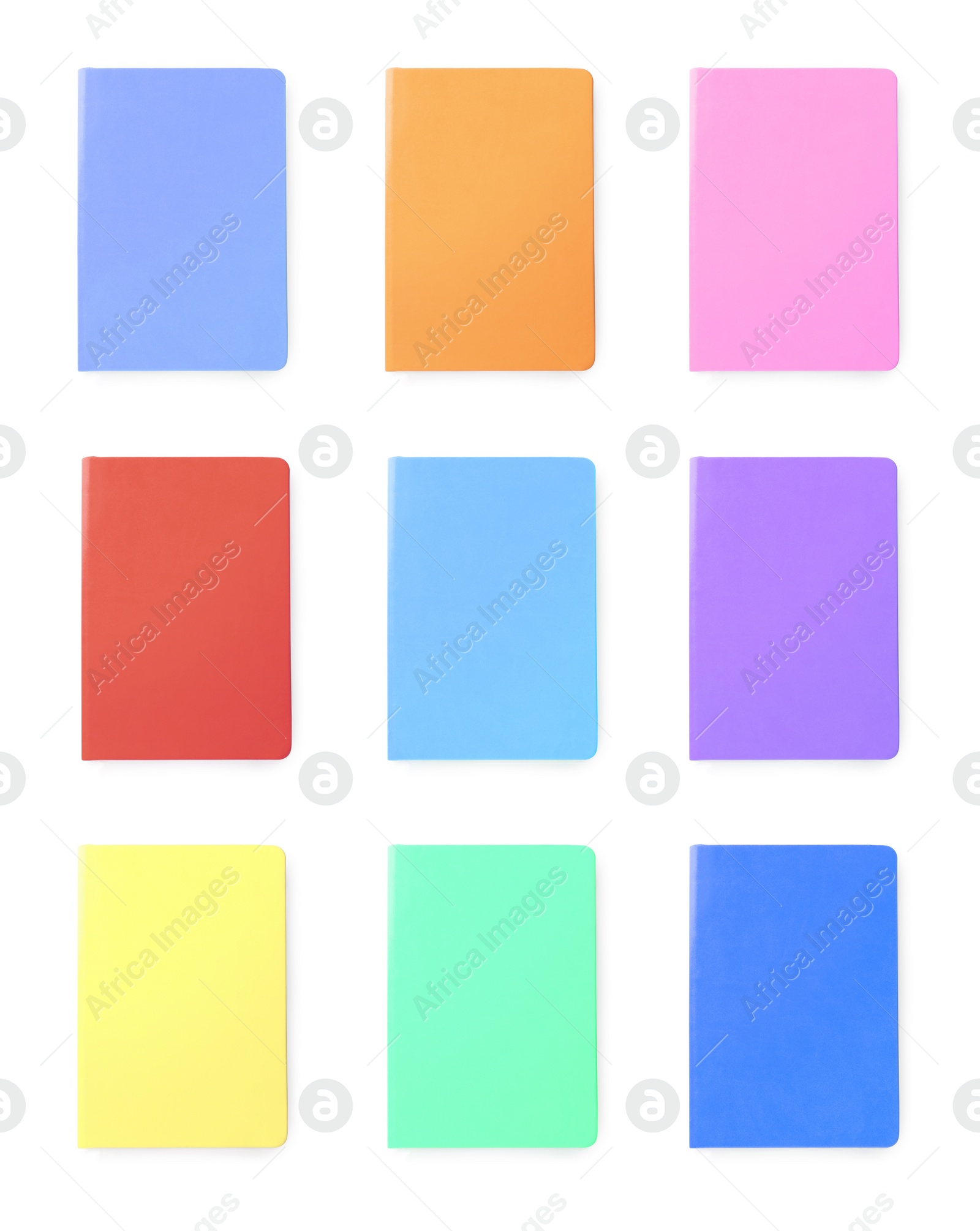 Image of Set with multicolor notebooks on white background, top view