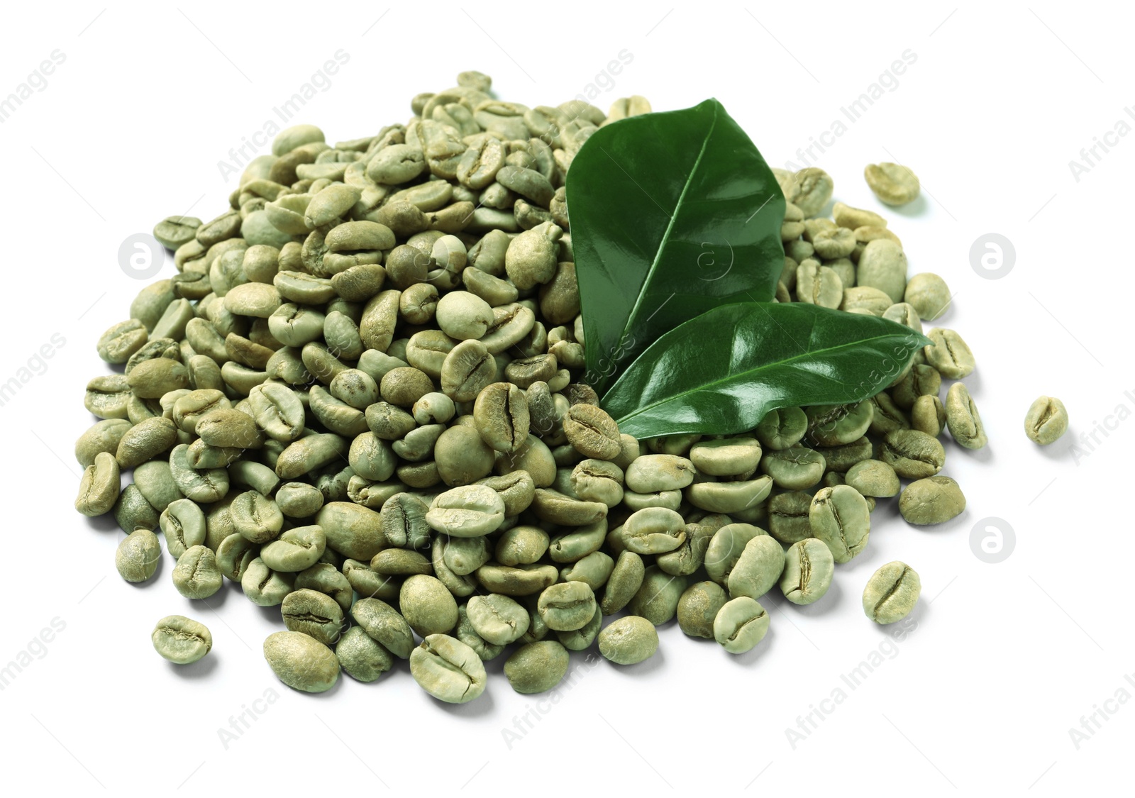 Photo of Pile of green coffee beans and leaves on white background