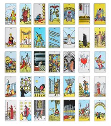 Image of Set with different tarot cards on white background