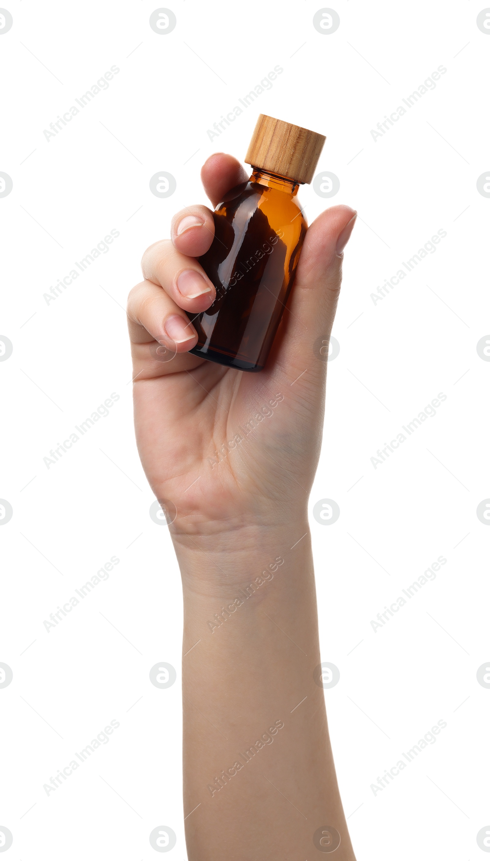 Photo of Woman holding glass empty bottle isolated on white, closeup