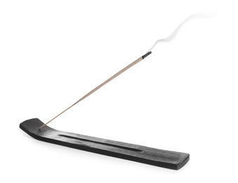 Photo of Incense stick smoldering in holder on white background