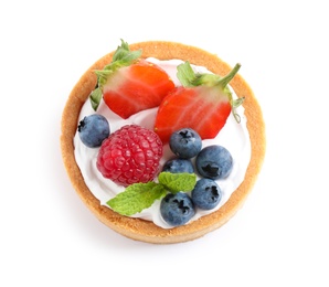 Photo of Delicious sweet pastry with berries on white background, top view