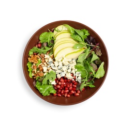 Photo of Tasty salad with pear slices, cheese, pomegranate seeds and walnuts isolated on white, top view