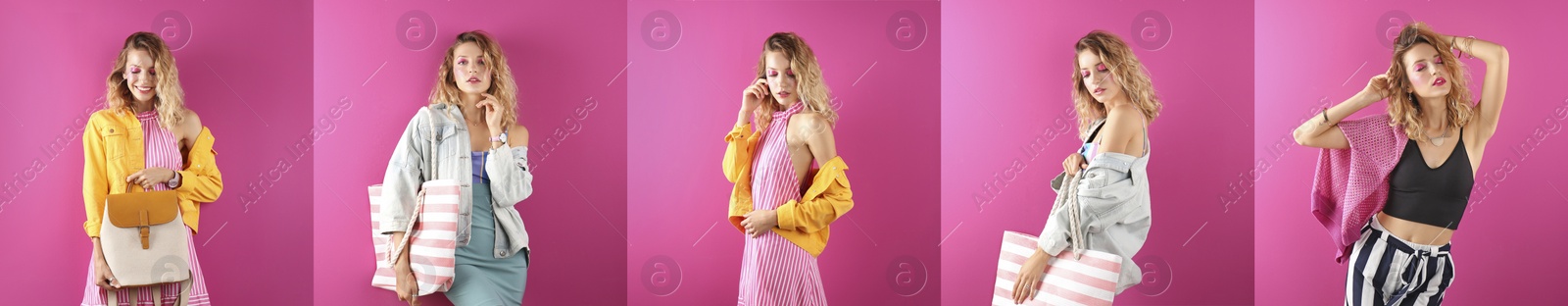 Image of Collage of beautiful young woman posing on color background. Banner design 