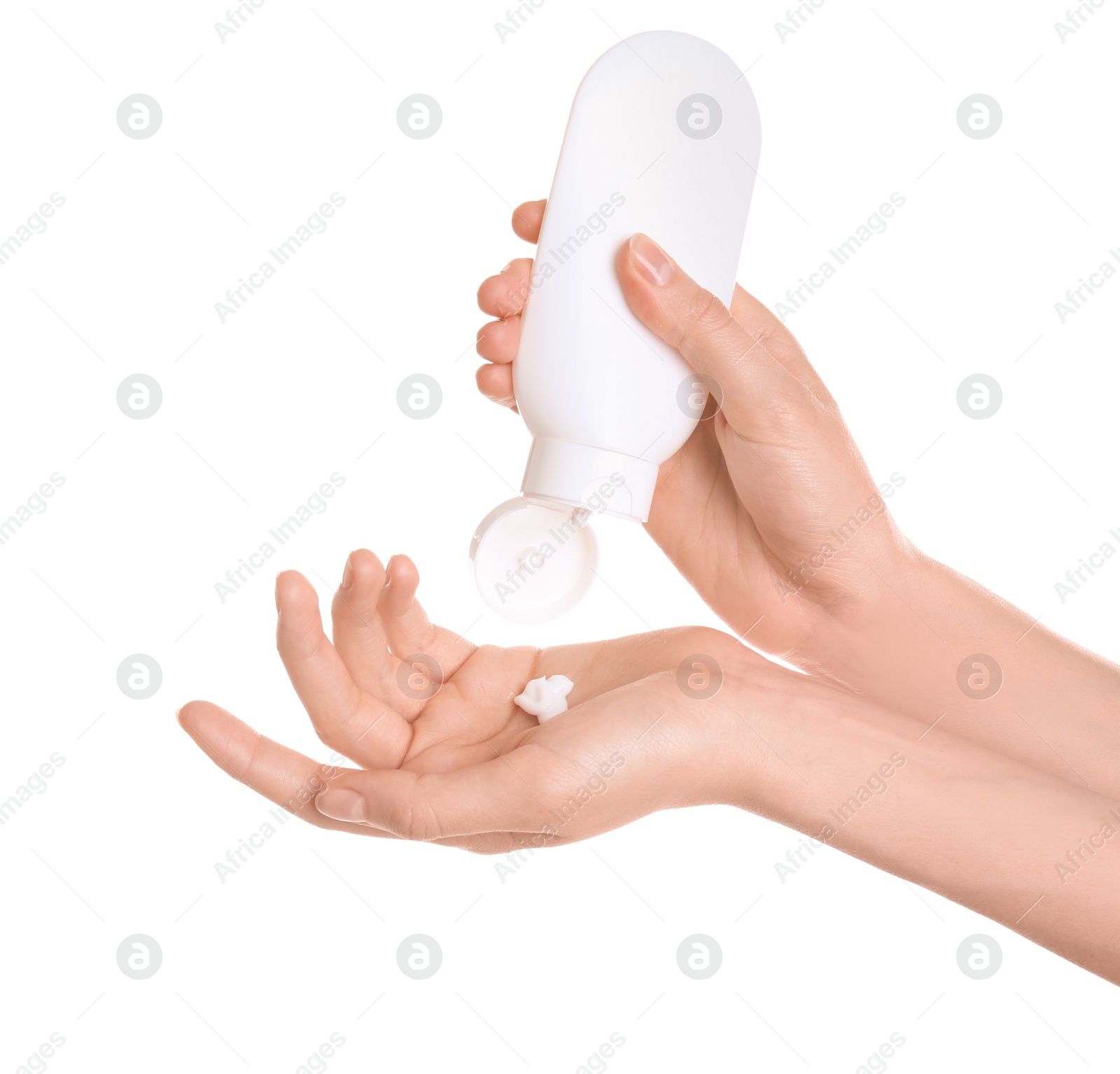 Photo of Young woman applying hand cream against on white background