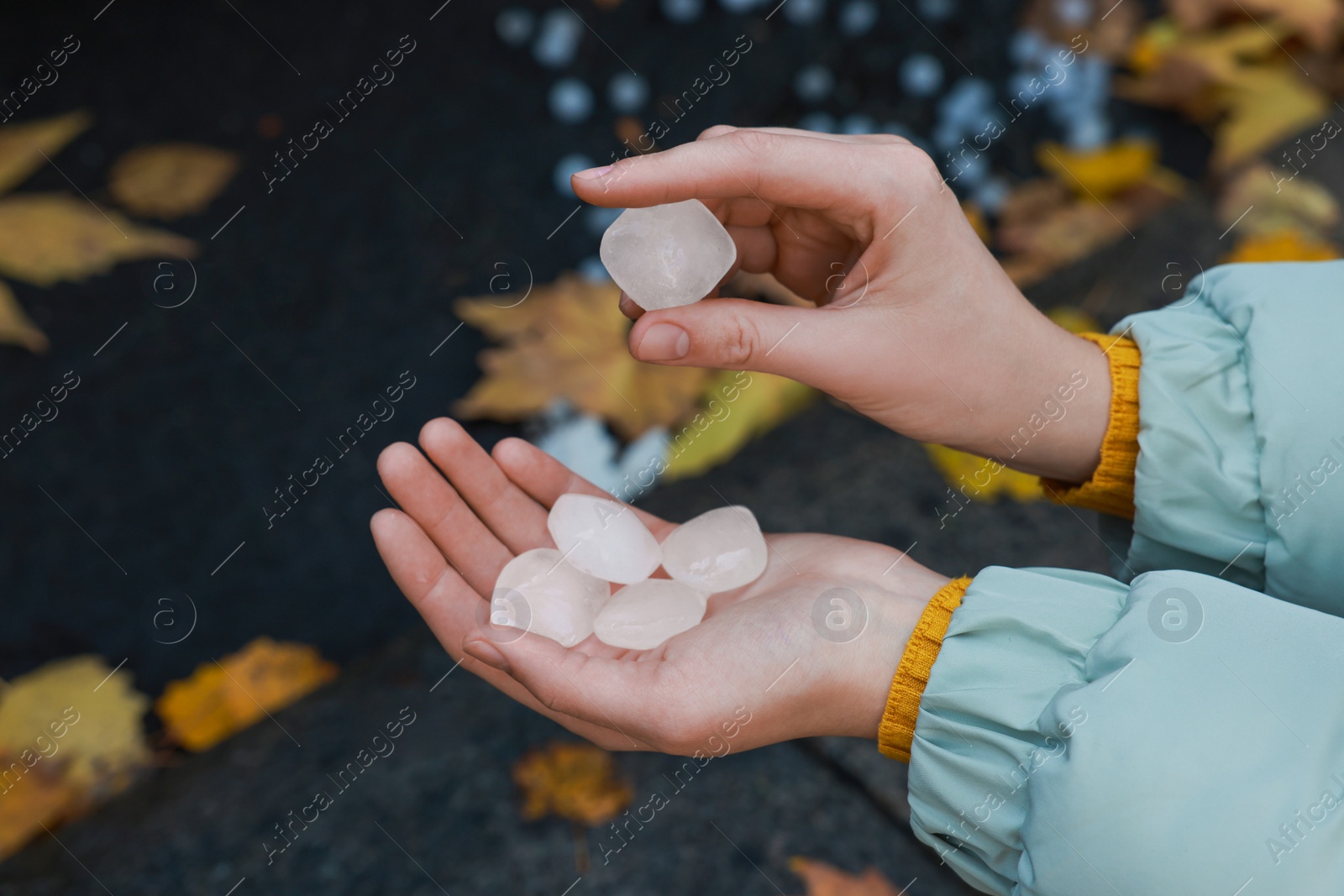 Photo of Woman holding hail grains after thunderstorm outdoors, closeup