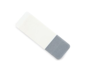 Photo of New double eraser isolated on white, top view. School stationery