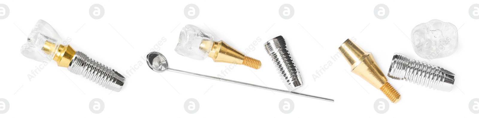 Image of Educational models of dental implants and medical tools on white background, collage. Banner design