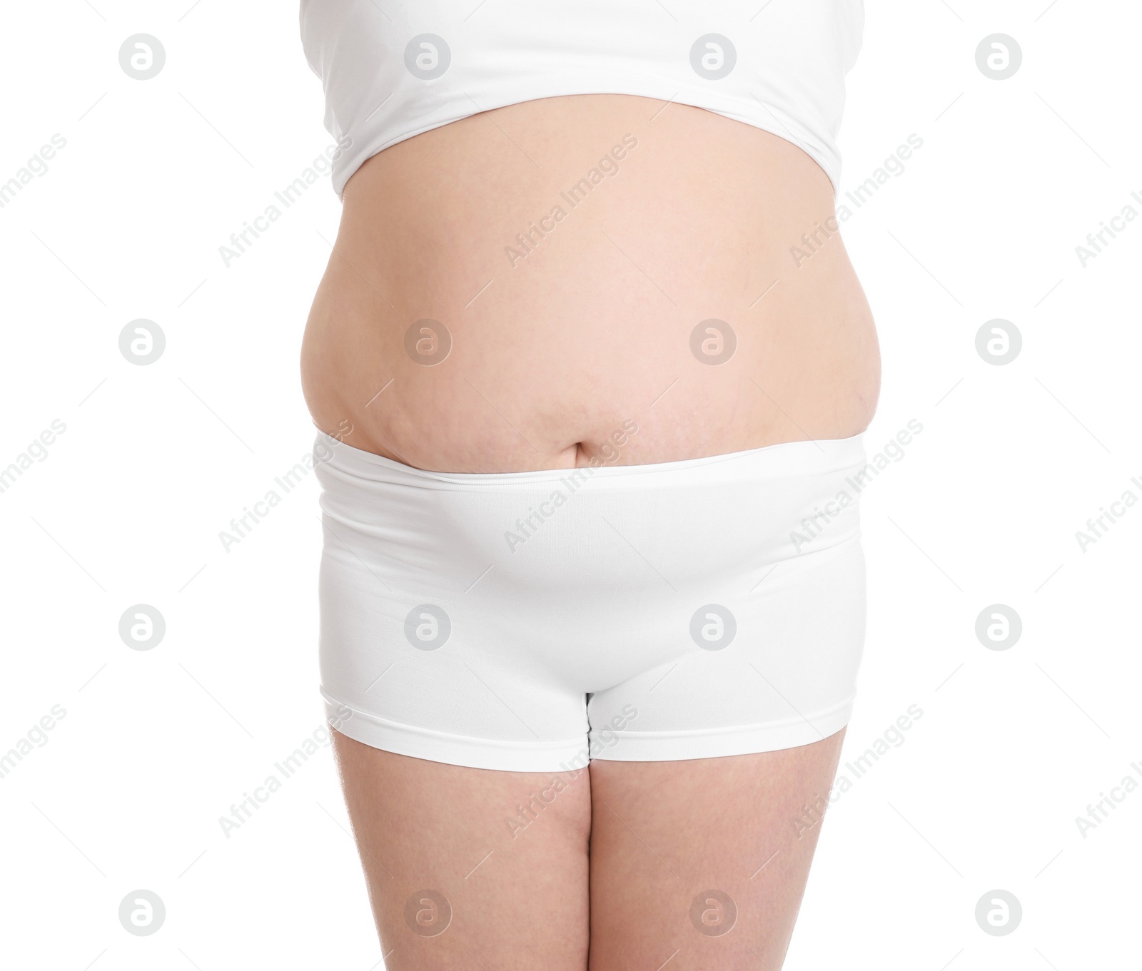 Photo of Overweight woman on white background, closeup. Weight loss