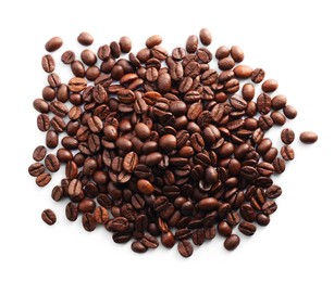 Pile of roasted coffee beans isolated on white, top view