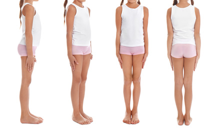 Collage of little girl in underwear on white background