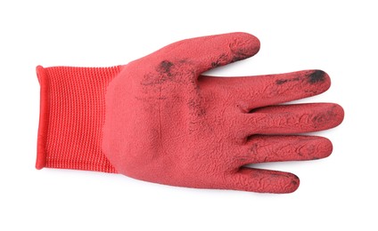 Photo of One red gardening glove isolated on white, top view