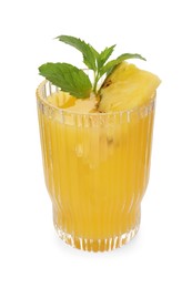 Photo of Glass of tasty pineapple cocktail with mint isolated on white