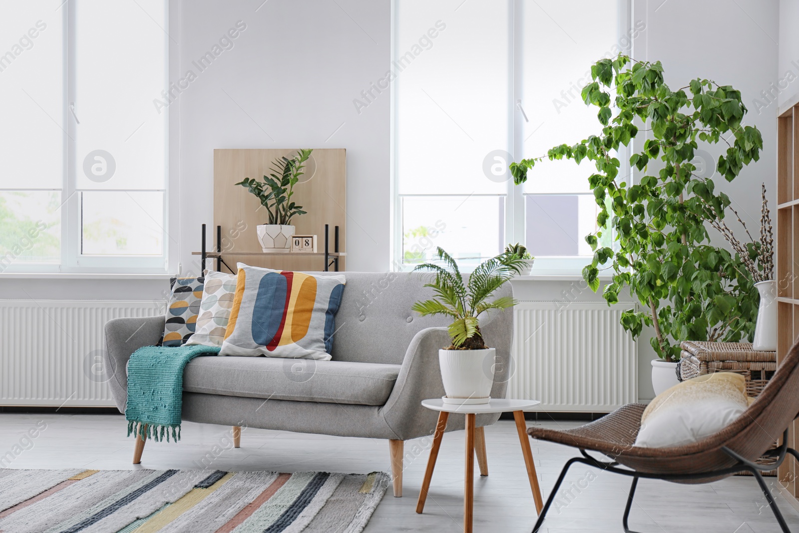 Photo of Elegant living room interior with comfortable sofa and striped carpet