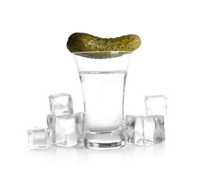 Photo of Russian vodka, pickle and ice cubes isolated on white