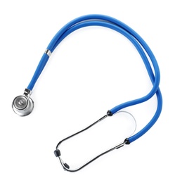 Photo of Modern stethoscope on white background. Medical device