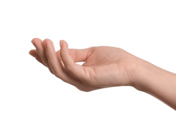 Woman holding something in hand on white background, closeup