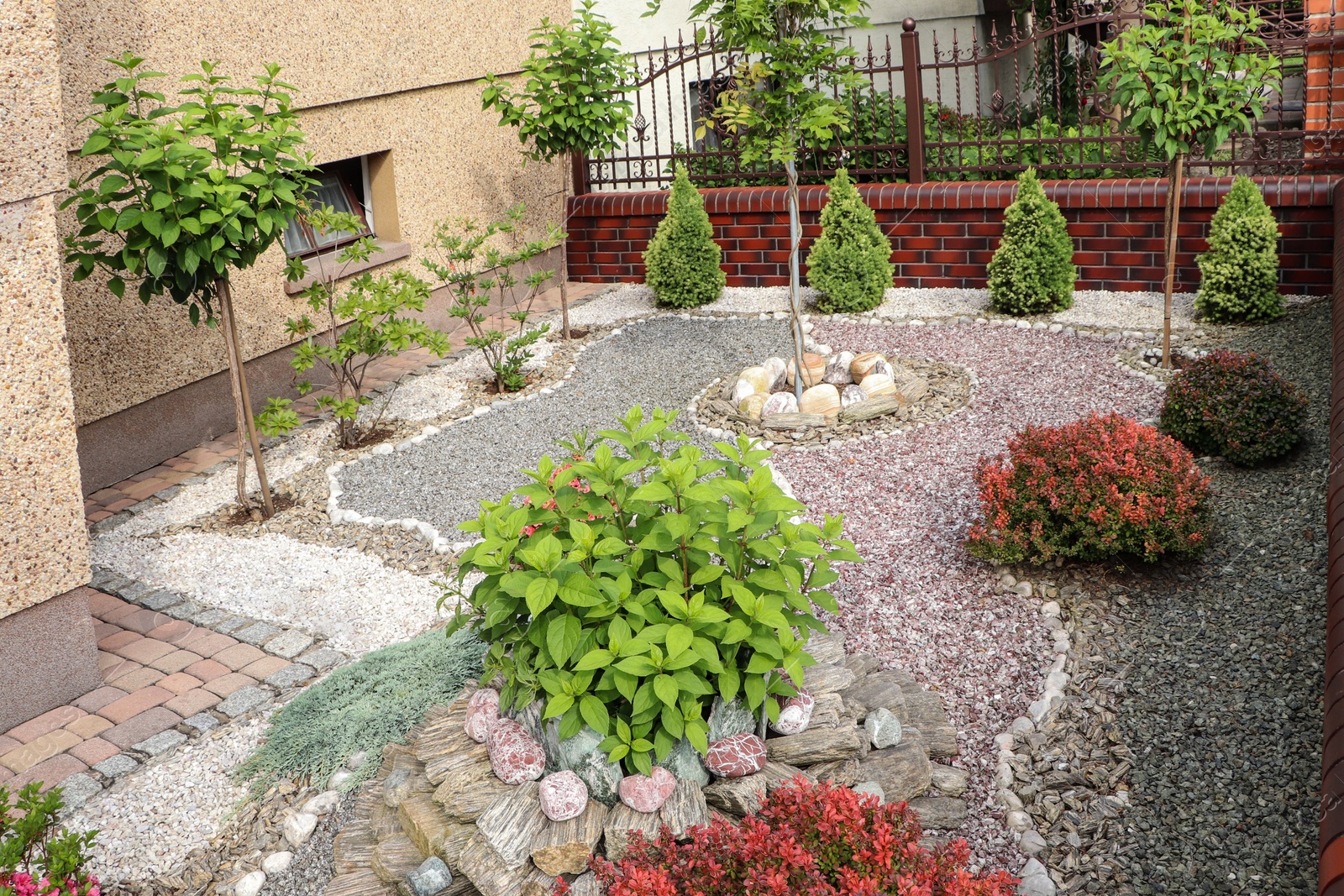 Photo of Beautiful gravel garden with different plants in yard