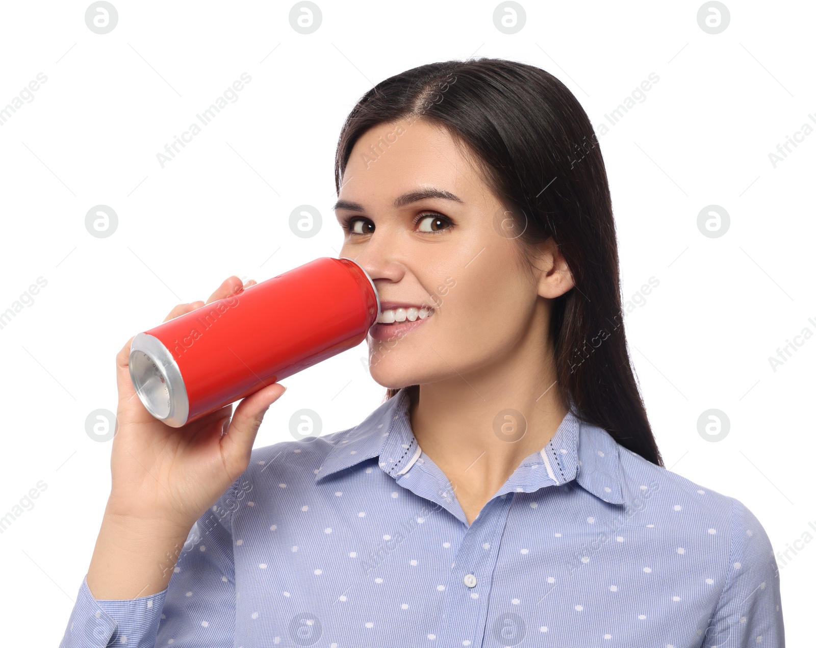 Photo of Beautiful young woman drinking from tin can on white background