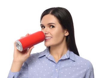 Photo of Beautiful young woman drinking from tin can on white background