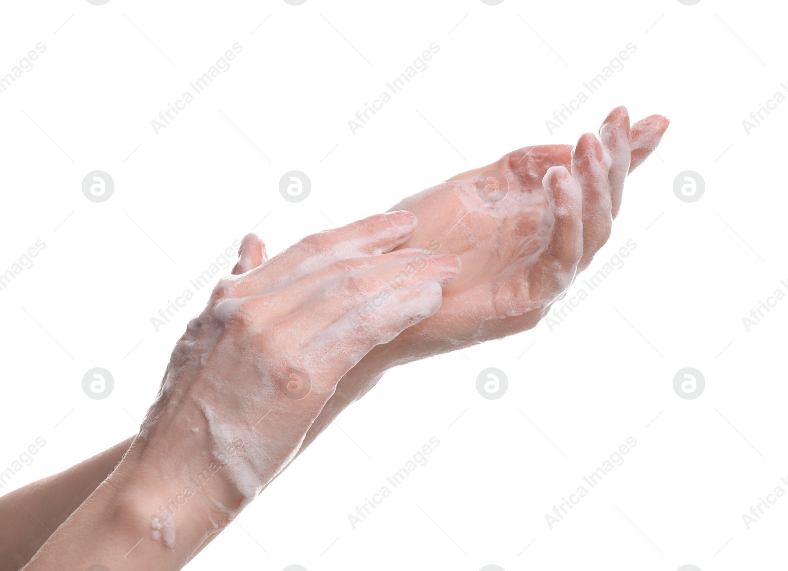 Photo of Woman washing hands with cleansing foam on white background, closeup