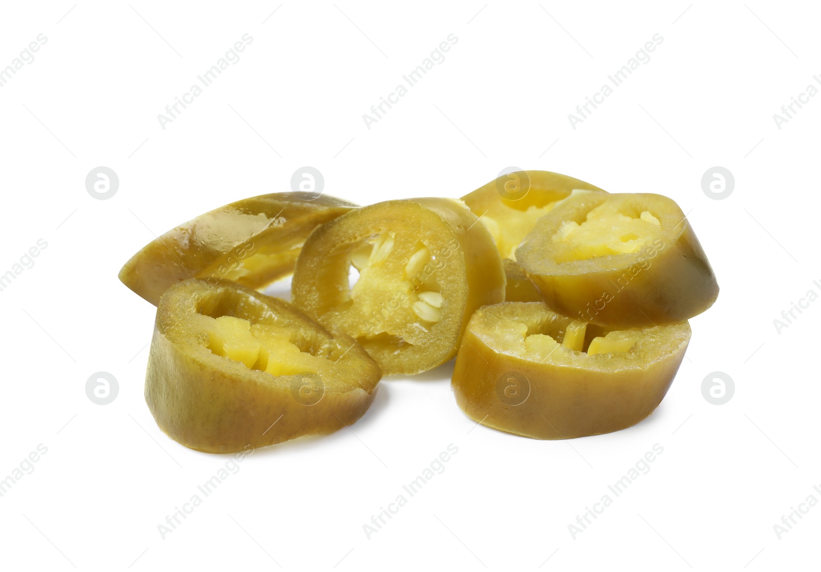 Photo of Slices of pickled green jalapeno on white background