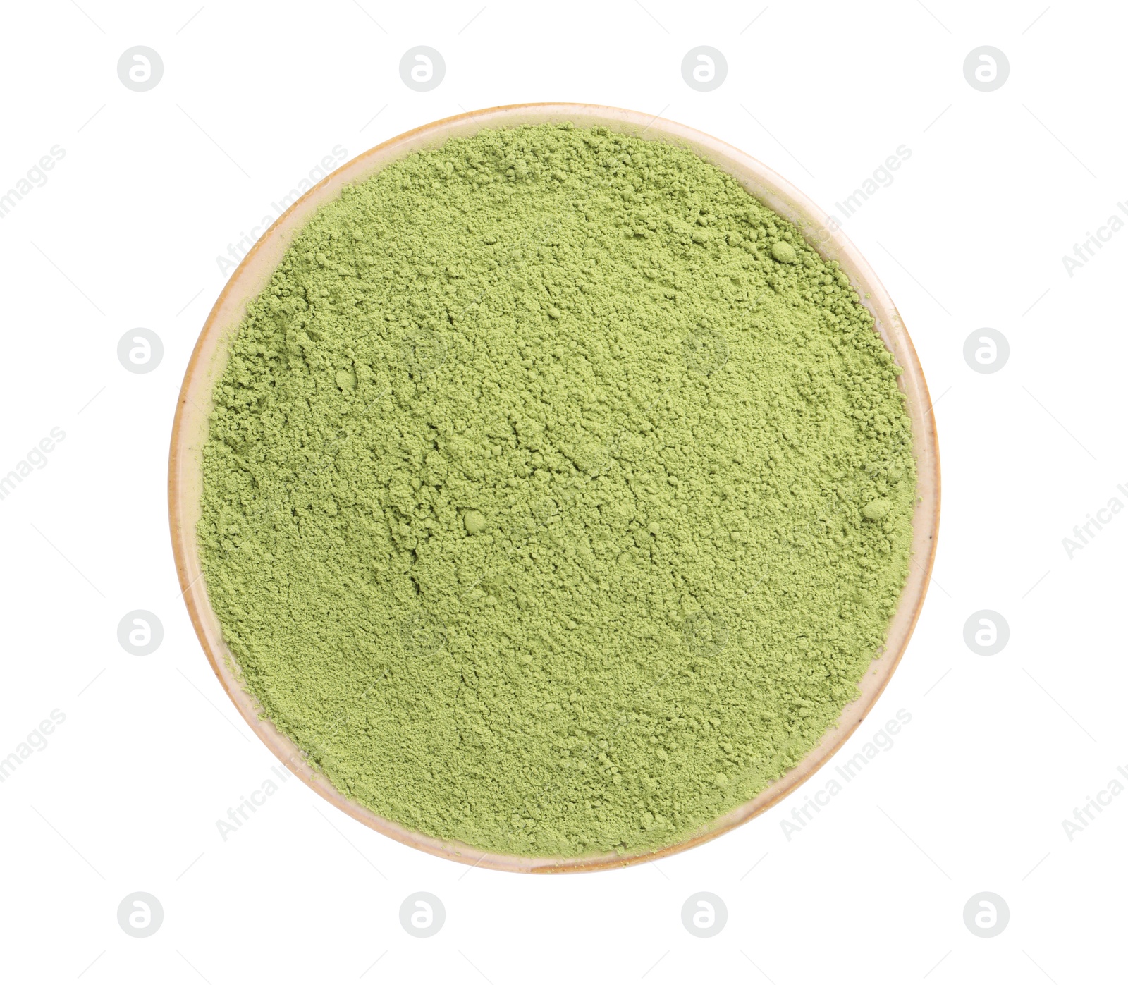 Photo of Bowl of matcha powder isolated on white, top view