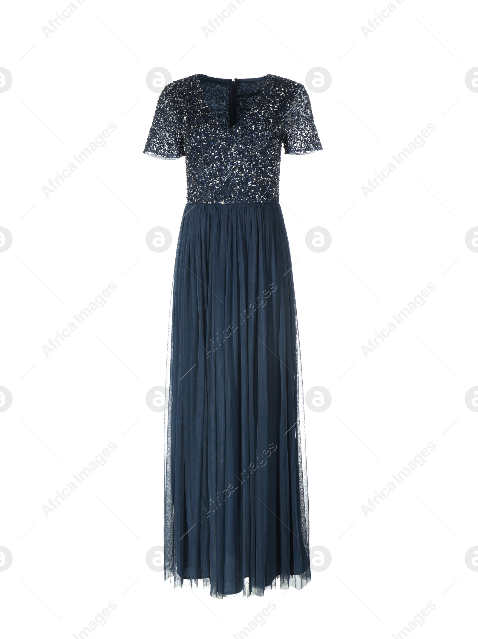 Photo of Elegant blue dress on mannequin against white background. Women's clothes