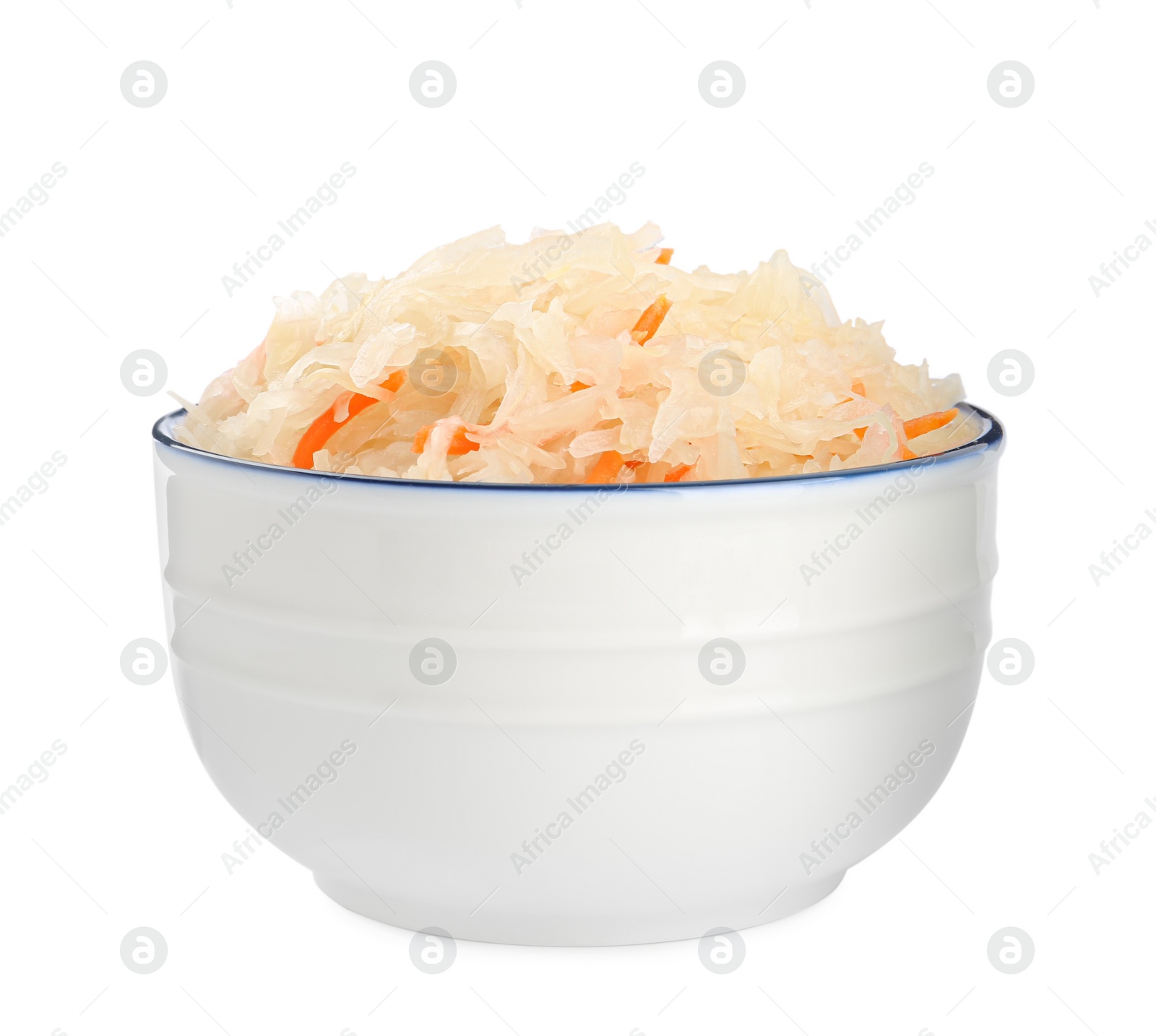 Photo of Bowl of tasty sauerkraut with carrot on white background