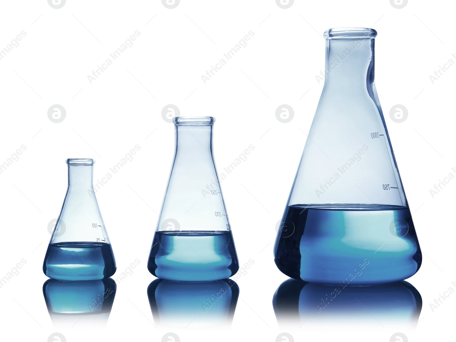 Photo of Conical flasks with liquid on table against color background. Laboratory analysis