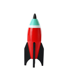 Photo of Bright modern toy rocket isolated on white