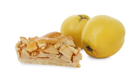 Photo of Piece of tasty homemade quince pie and fresh fruits isolated on white