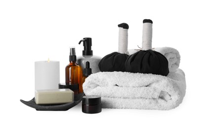 Photo of Composition with different spa supplies isolated on white