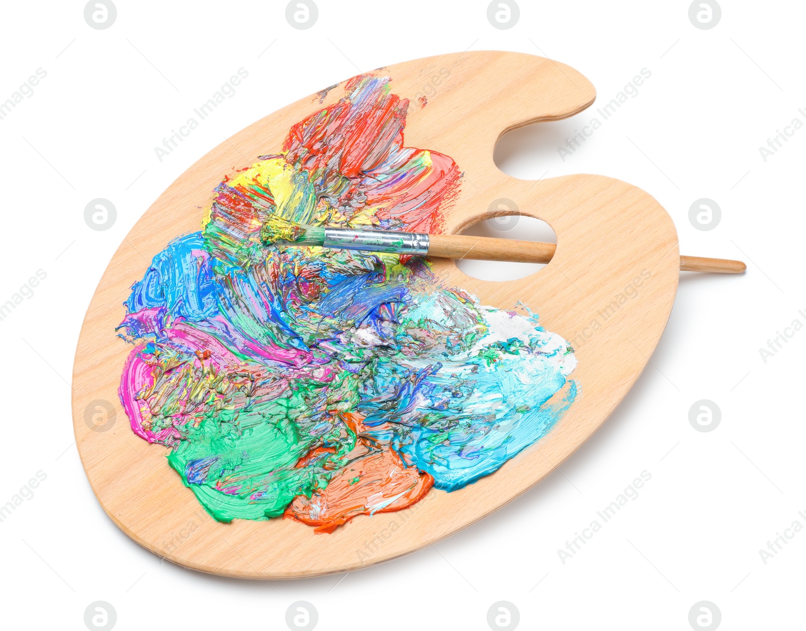 Photo of Palette with paints and brush on white background, top view. Artist equipment