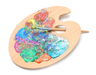 Photo of Palette with paints and brush on white background, top view. Artist equipment