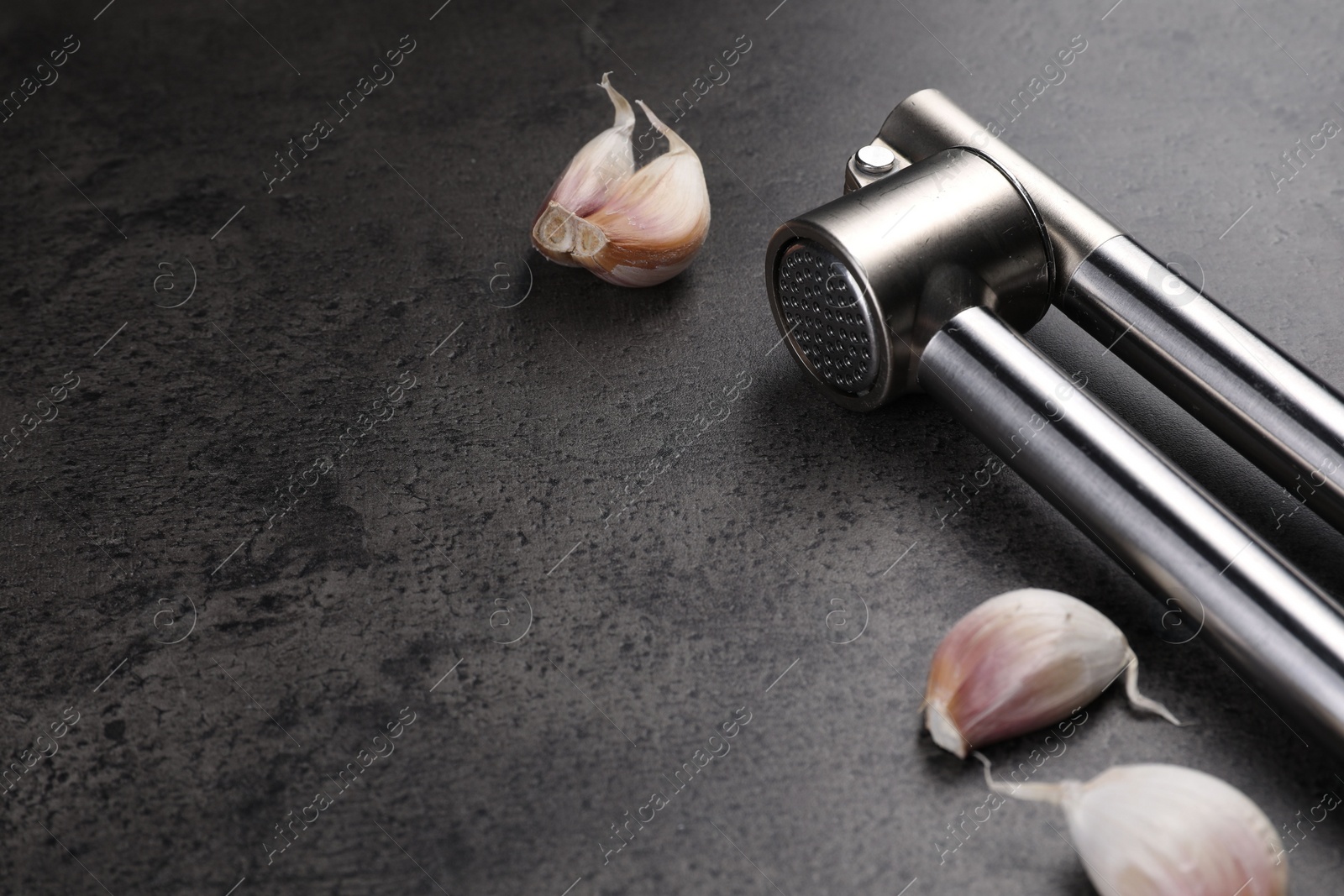 Photo of Garlic press and cloves on grey table, closeup. Space for text