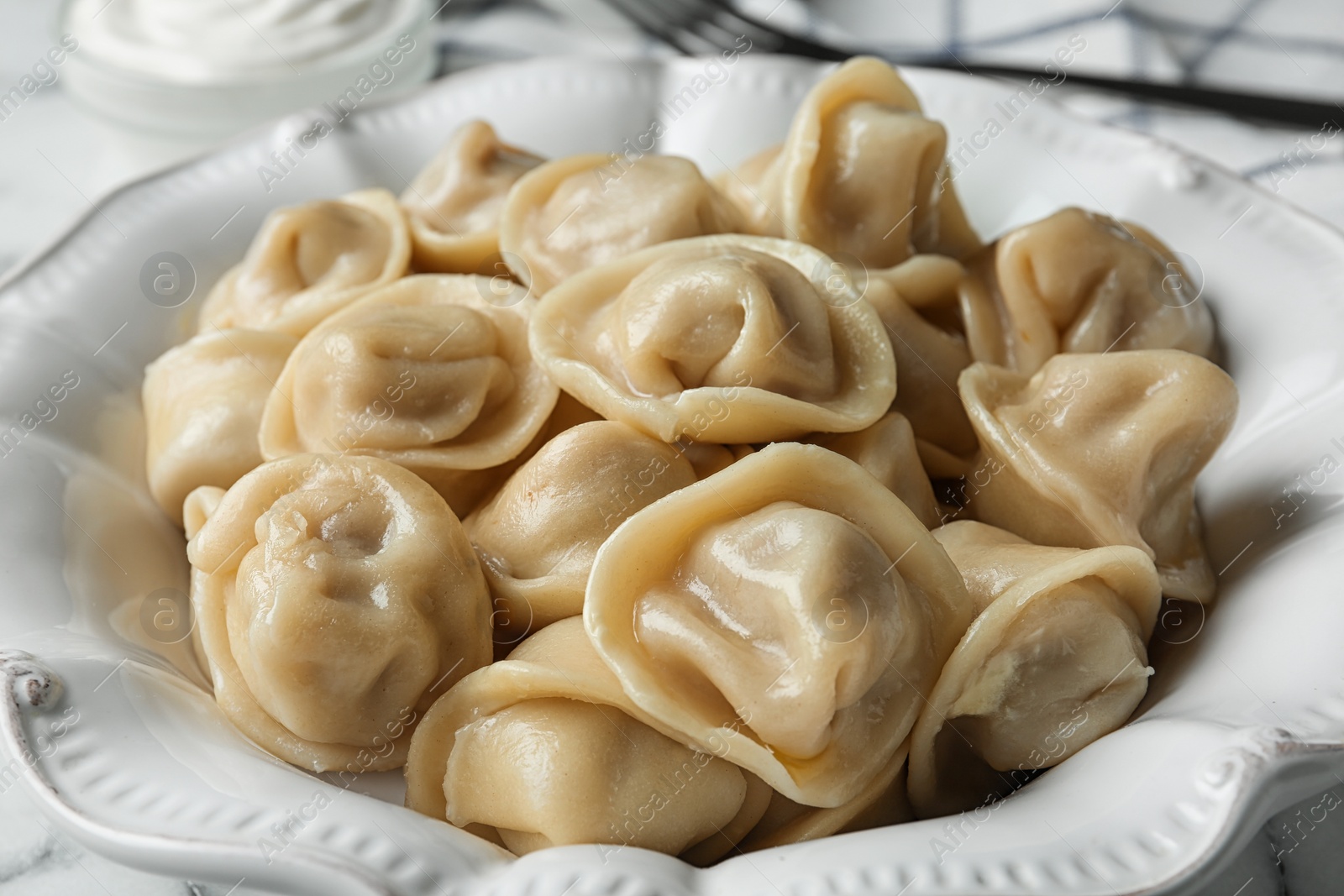 Photo of Tasty dumplings in ceramic plate, closeup view