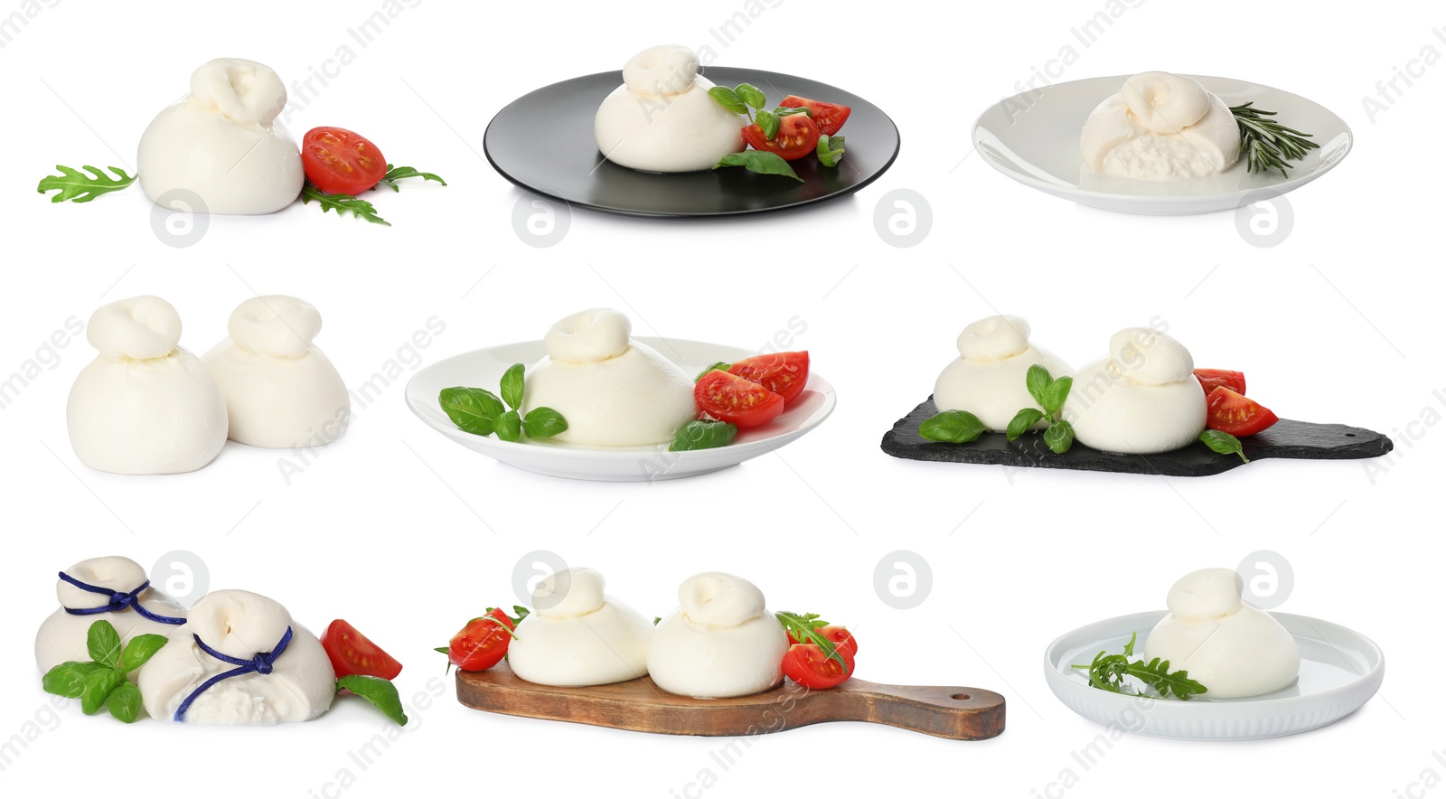 Image of Set with fresh delicious burrata cheese on white background